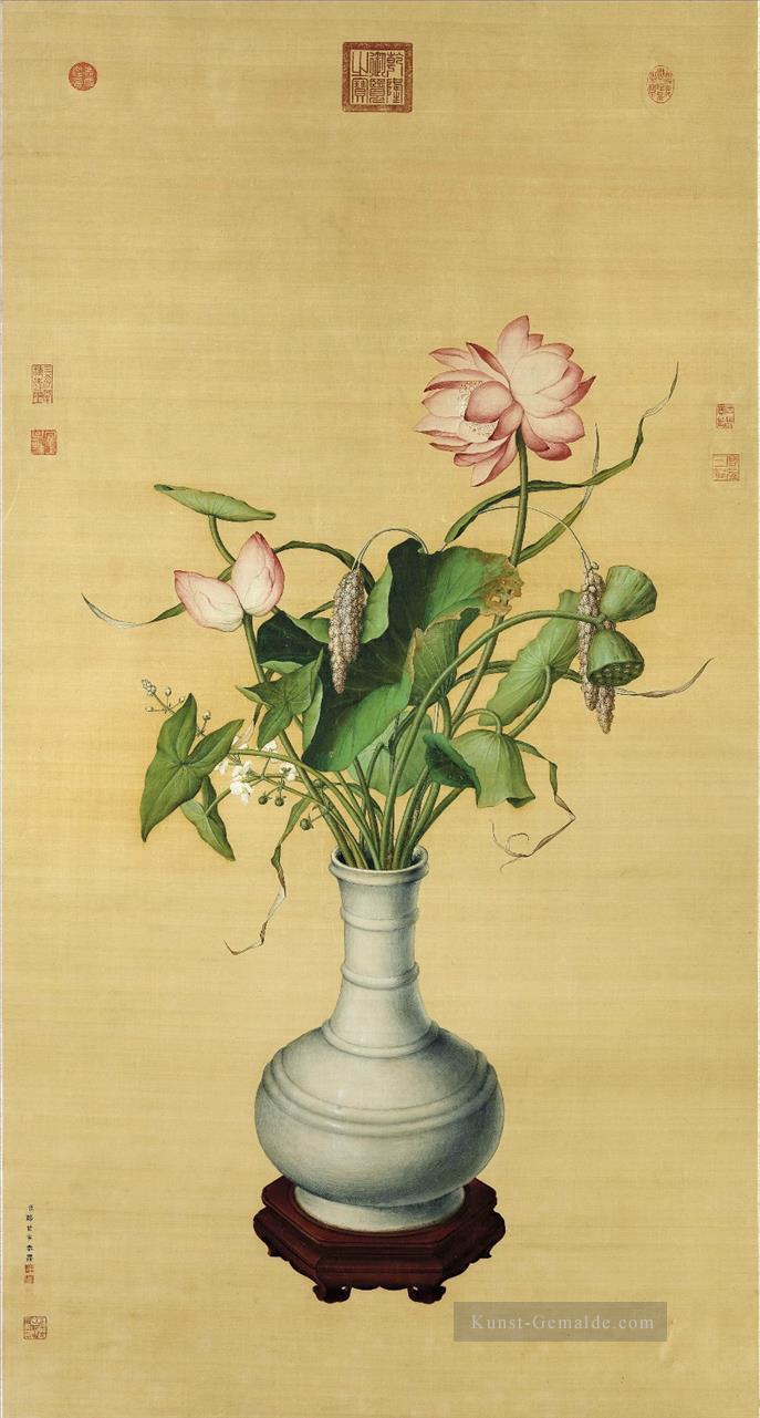 Lang glänzt Lotus von Auspicious alte China Tinte Giuseppe Castiglione Ölgemälde